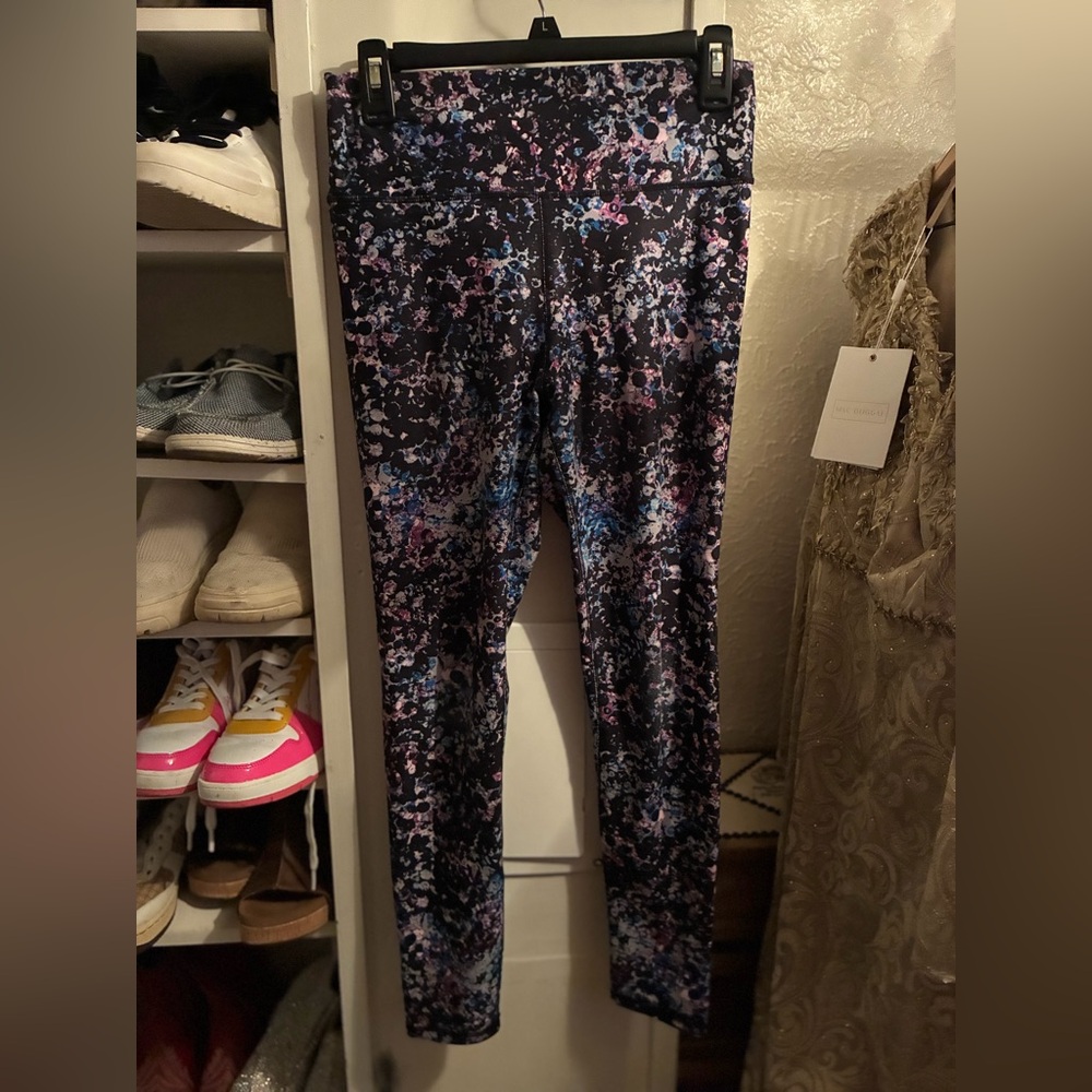 Fabletics Black Floral Splatter Leggings with Pink & Blue Accents